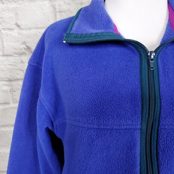 LL Bean Fleece Jacket Periwinkle Blue Green Trim 1990s Full Zip Script Sz XS/S - Picture 4 of 12
